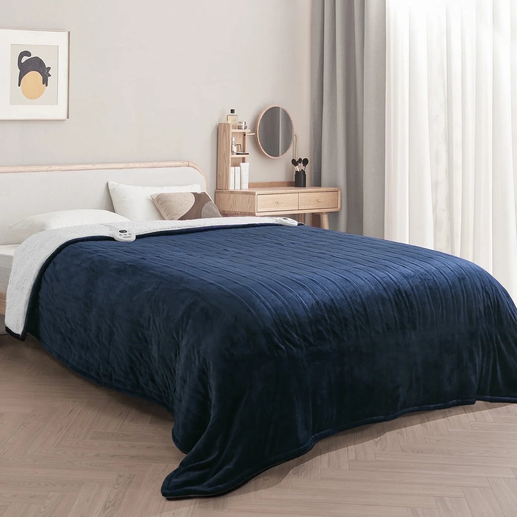 Electric Heated Blanket King Size 90''X100'', Fast Heating with Dual Controllers, 10 Heating Levels, 10H Timers, Preheat Function - Dark Blue